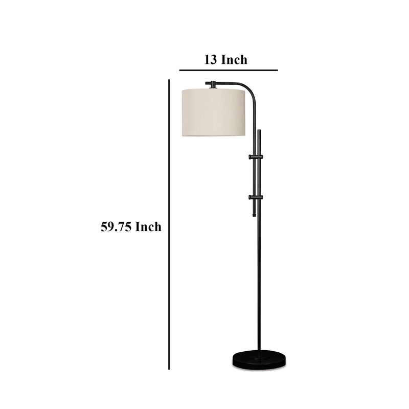 Mney Floor Lamp, Adjustable Arm, White Drum Shade, 60 Inch Black Metal - Benzara