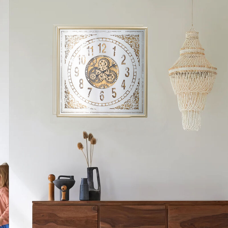 32 Inch Wall Clock, Decorative Gear Design, Square, Iron, White and Brown - Benzara