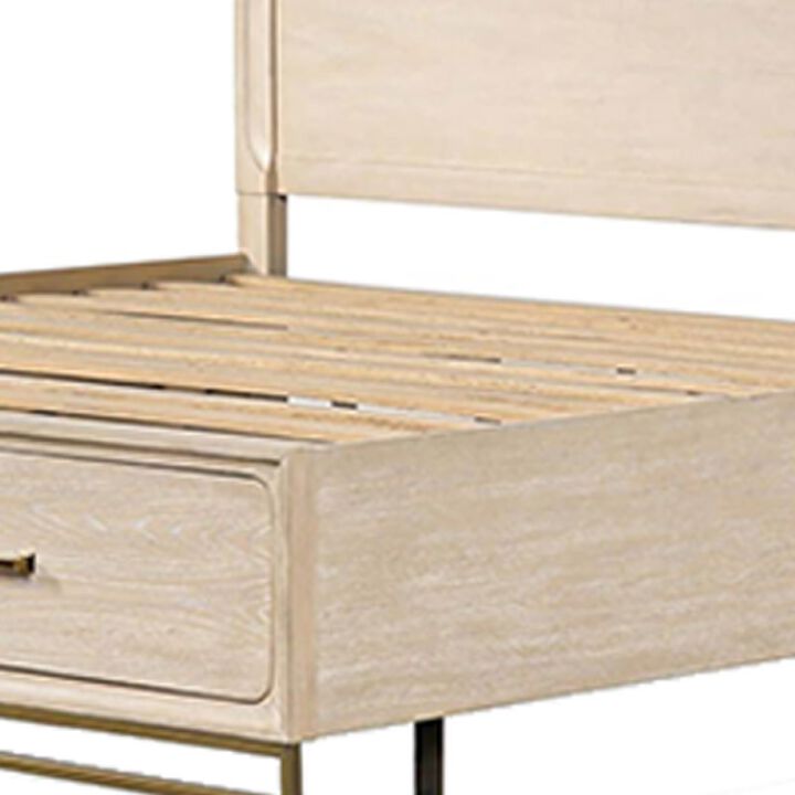 Rozie Queen Bed, Footboard Storage Drawers, Light Oak Brown Solid Wood - Benzara