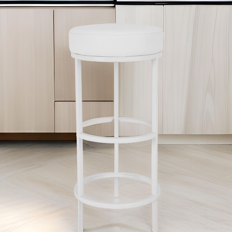 Tane 30 Inch Bar Stool, Round Padded Seat, White Faux Leather, Metal - Benzara