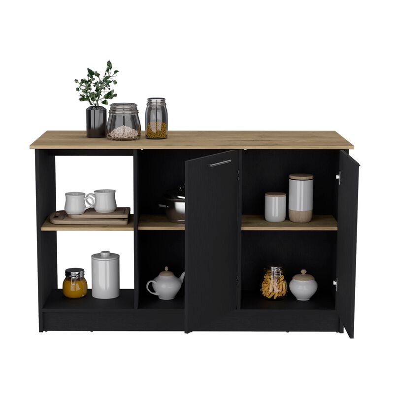 Juniper Kitchen & Dining room Island with Large Top Surface, Double Door Cabinet, and Open Shelves -Black/Macadamia