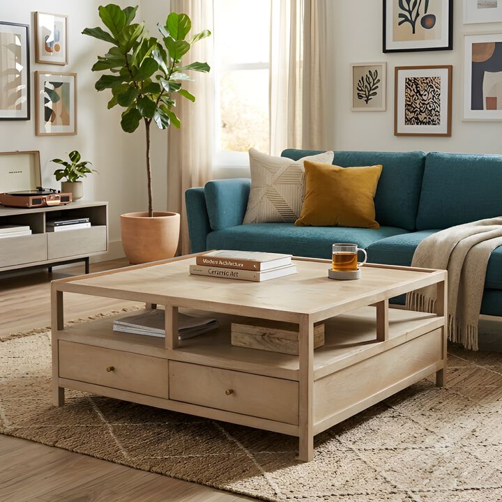 Hika 45 Inch Square Coffee Table, 4 Storage Drawers and Open Shelf, Light Brown Mango Wood