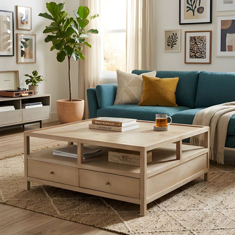 Hika 45 Inch Square Coffee Table, 4 Storage Drawers and Open Shelf, Light Brown Mango Wood image number 1