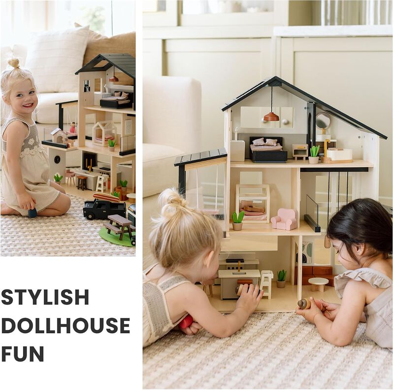 Wooden Doll House, Modern Family Dollhouse with Realistic Design - 7 Rooms Dollhouse with 53 PCS Accessories, Montessori Pretend Play Toddler Toy image number 4