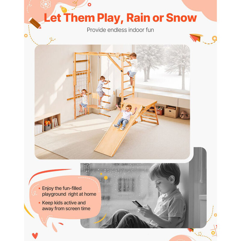8 in 1 Wooden Indoor Playground Kids Climbing Gym with Slide Swing image number 3