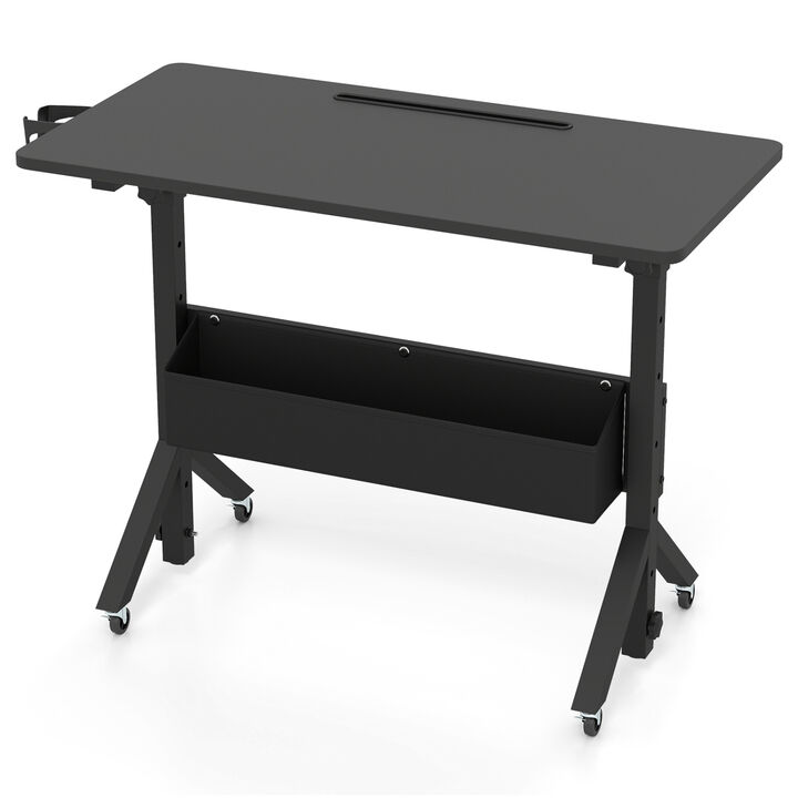 Mobile Rolling Standing Desk with Adjustable Height Cup Holder and Storage Basket