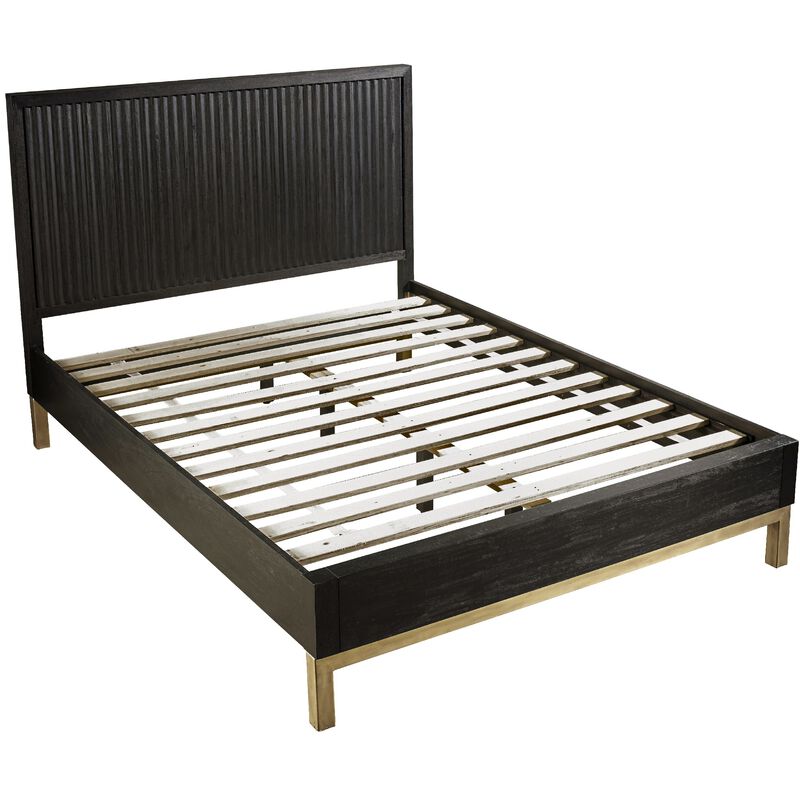 Carl Mahogany Wood Platform Queen Bed, Brass Metal Base, Oak Black, Gold - Benzara