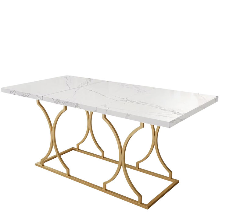 63" Luxury Dining Table Kitchen Dining Room Table Rectangle Modern Marble White Dinner Table with Gold Metel Frame for 6 People image number 0