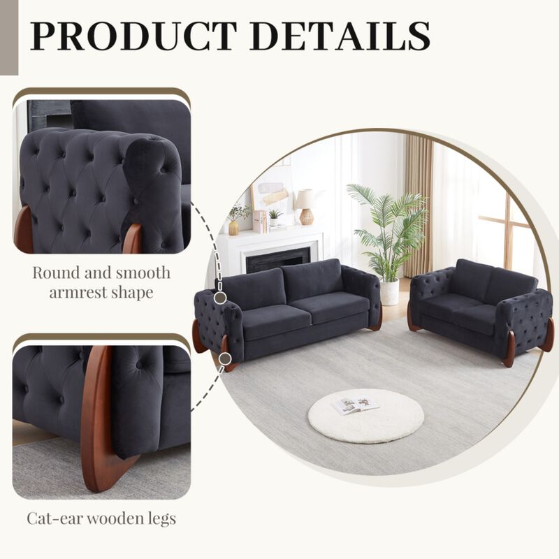 Boncok 2‑Piece Mid‑Century Modern Button Tufted Velvet Sofa Set image number 2