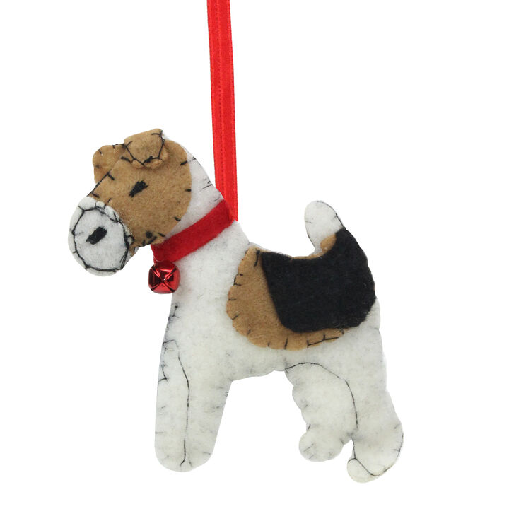 5" White and Brown Dog with Jingle Bell Hanging Christmas Ornament