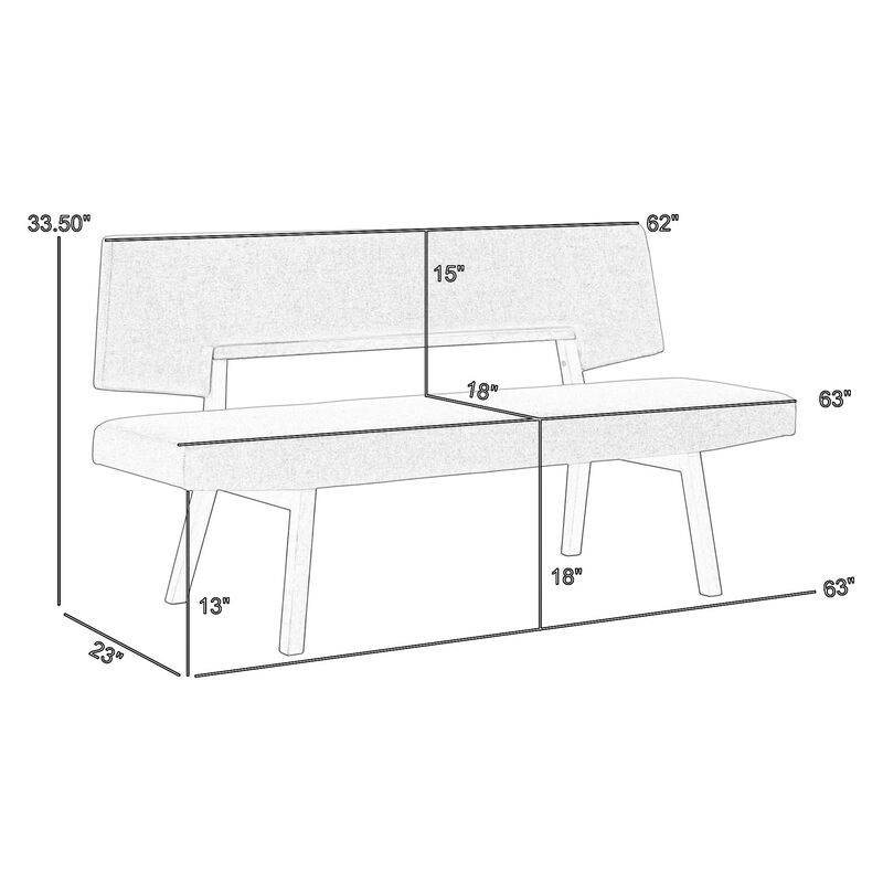 Yumi 63 Inch Dining Bench, Seat and Back with Charcoal Fabric, Walnut  - Benzara