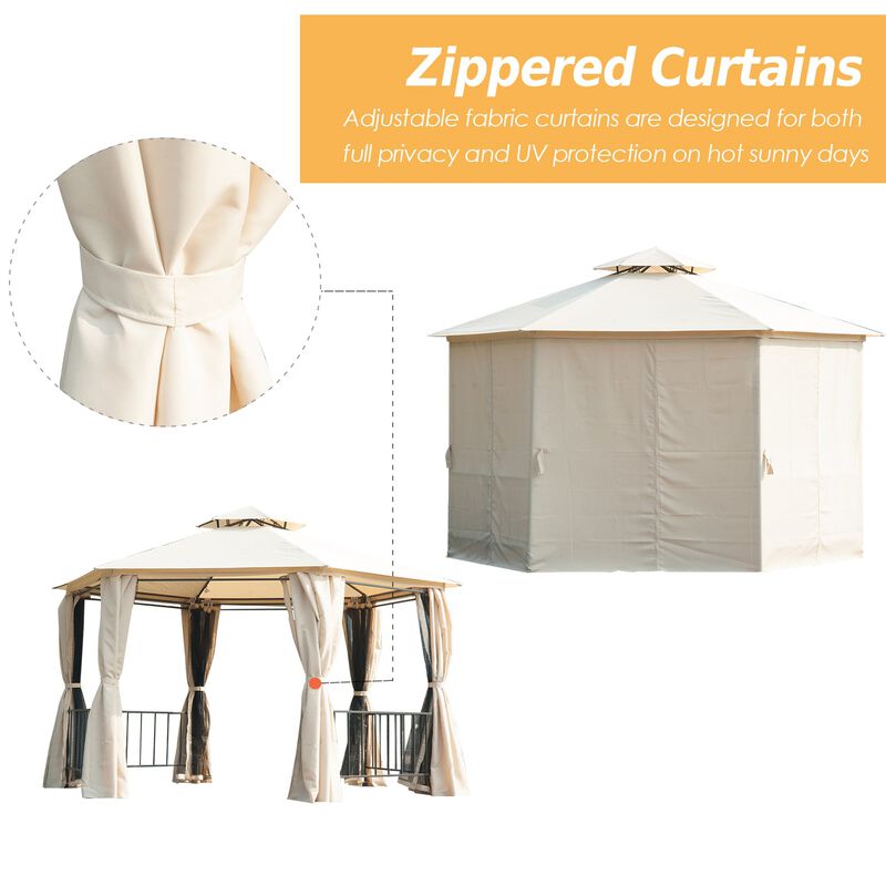 Beige Party Pavilion: 13'x13' Hexagon Canopy with Mesh & Curtains