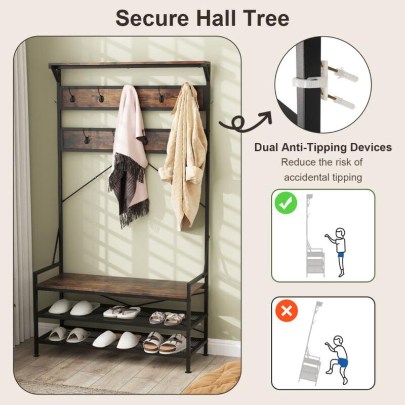 Hivvago Coat Rack 4-In-1 Hall Tree with 11 Hanging Hooks Shoe Bench