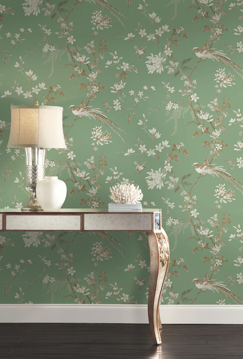Bird & Blossom Chinoserie Green Wallpaper