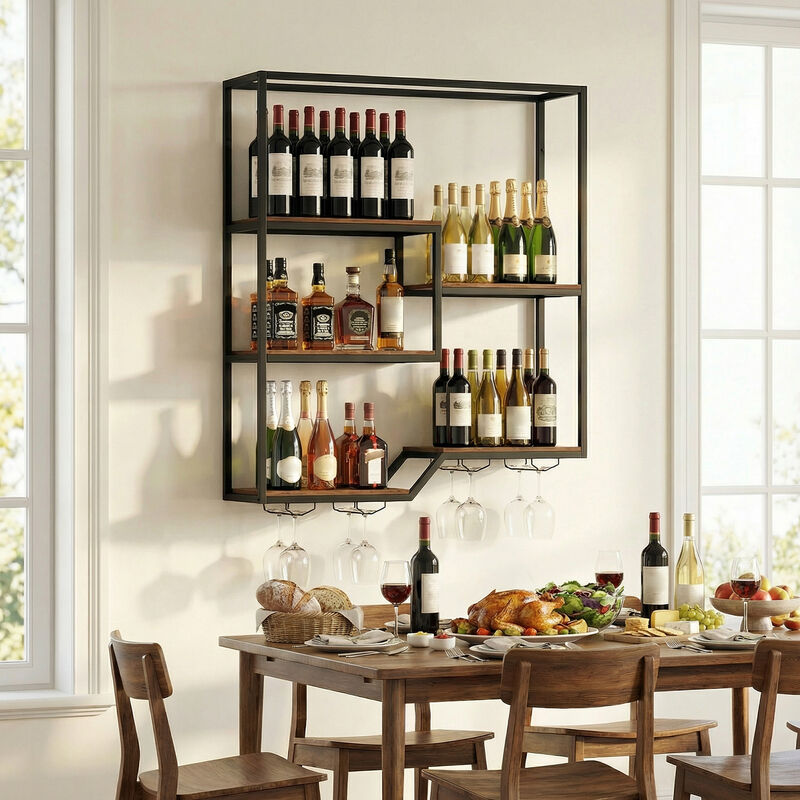 Rustic Brown 5-Tier Hanging Wine Rack with Bottle Shelf and Glass Holder image number 1