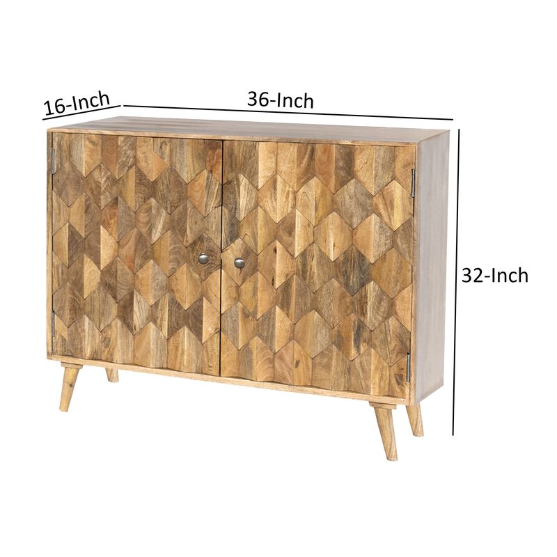 36 Inch Handcrafted Accent Cabinet, 2 Honeycomb Inlaid Doors, Mango Wood, Natural Brown-Benzara image number 6