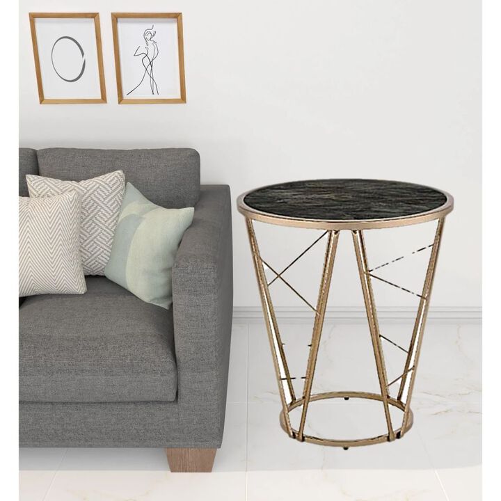 Homezia 24" Champagne And Black Faux Marble Glass And Metal Round End Table