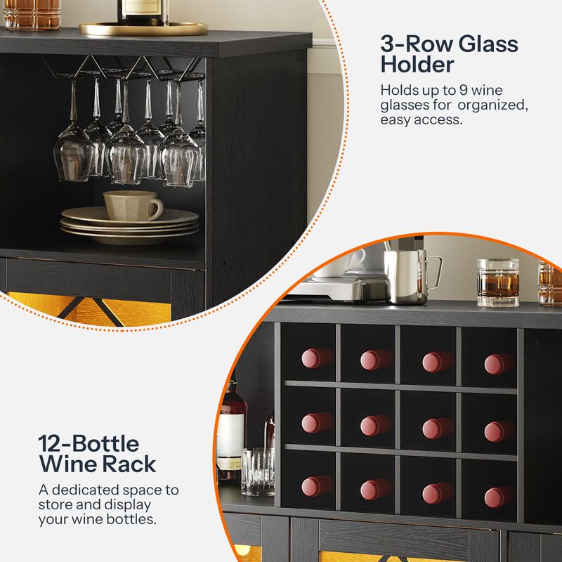 Home Bar Cabinet with LED Lighting, Wine Rack and Power Outlet-Black image number 7