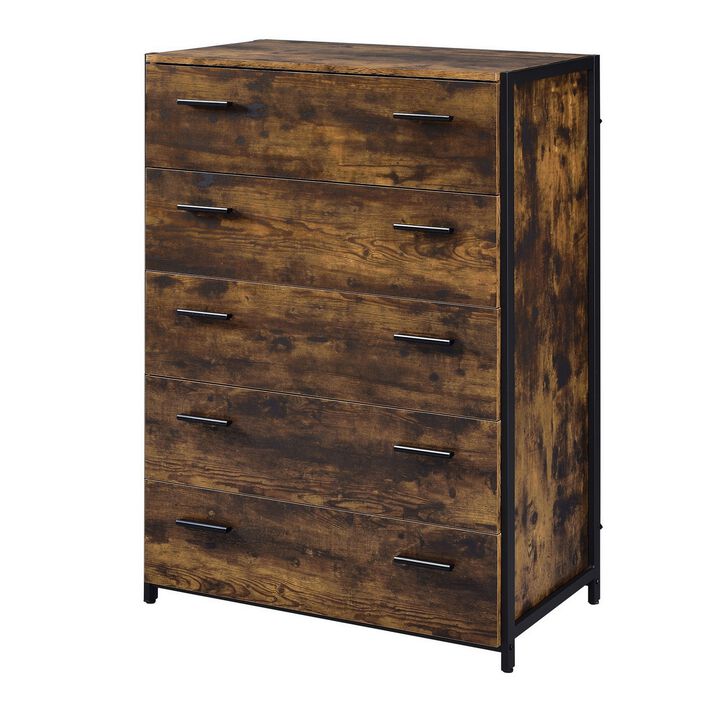Nat 48 Inch Rustic Wood Chest, 5 Drawers, Brown and Black-Benzara