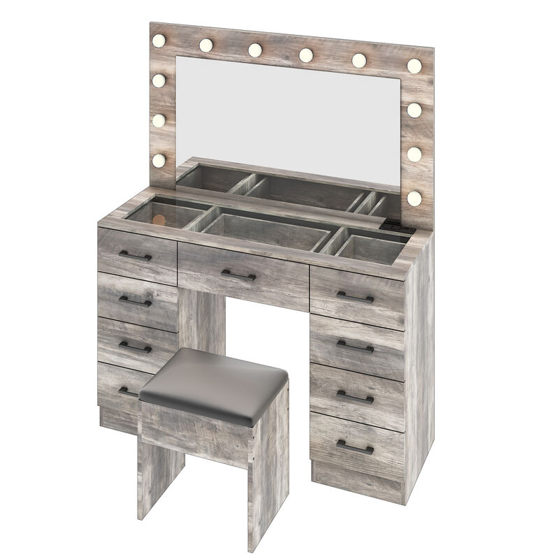 Vanity Desk Set with Large Lighted Mirror and Power Outlet &ndash; Modern Makeup Table with Storage and Charging Station