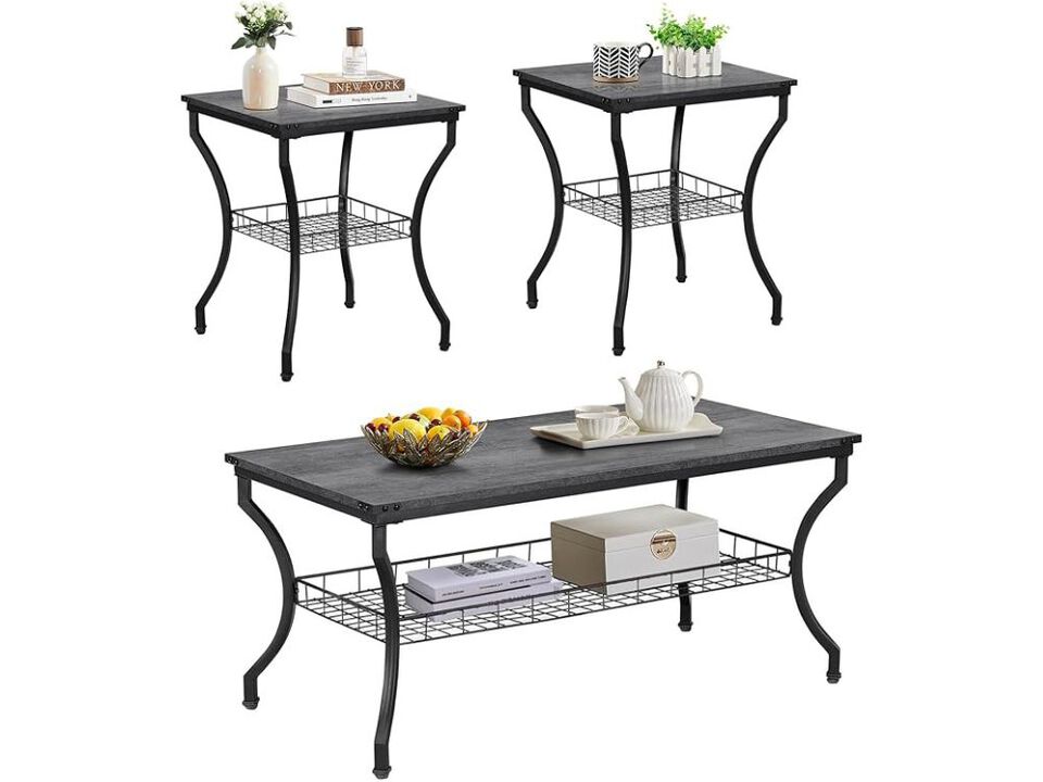 3 Piece Living Room Table Set Coffee End Tables with Storage Shelves Dark Grey