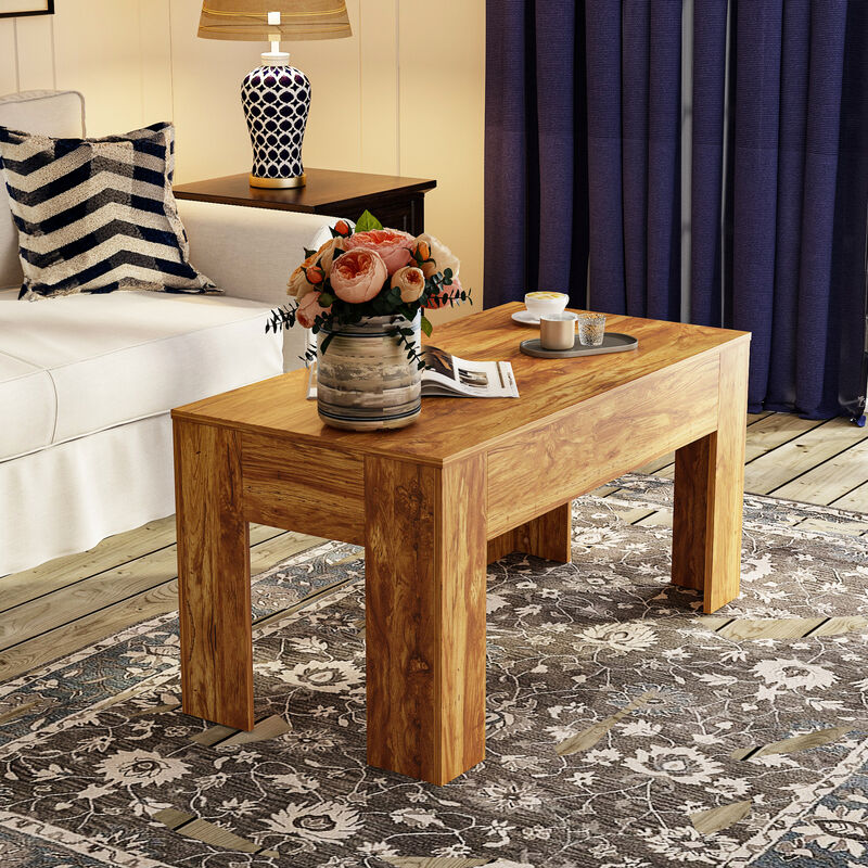 FUFU&GAGA Modern Wood Grain Coffee Table with Hidden Storage Compartment, L-Shaped Legs, Textured Finish, (31.5 in. W x 15.7 in. D x 28.7 in. H), Natural Wood