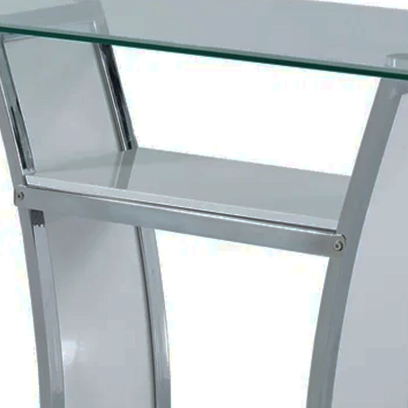 Sofa Table with Chrome Trimmed Curved Sides and Open Bottom Shelf, White-Benzara