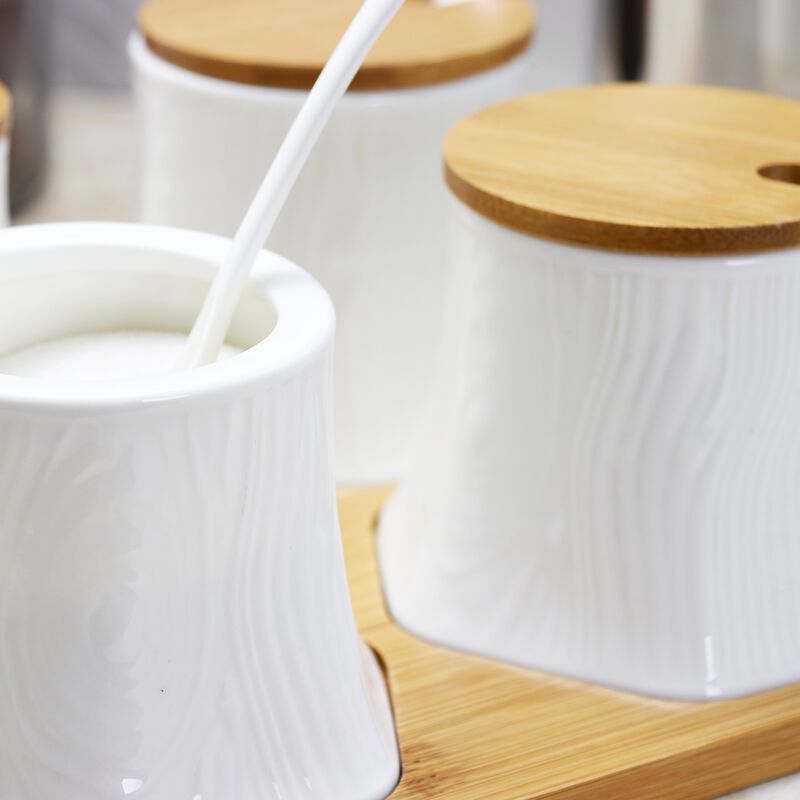 Elama Ceramic Spice, Jam and Salsa Jars with Bamboo Lids & Serving Spoons