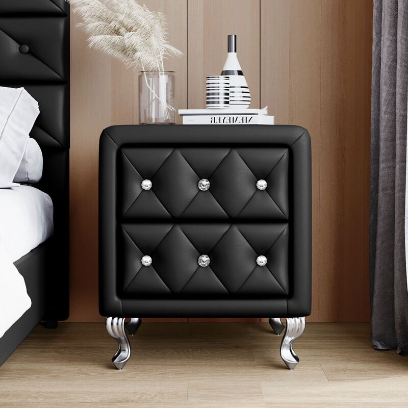 Elegant PU Nightstand with 2 Drawers and Crystal Handle, Fully Assembled Except Legs Handles, Storage Bedside Table with Metal Legs - Black image number 4