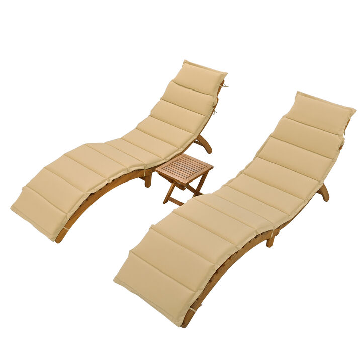 Merax Outdoor Patio Wood Portable Extended Chaise Lounge Set with Foldable Tea Table for Balcony, Poolside, Garden