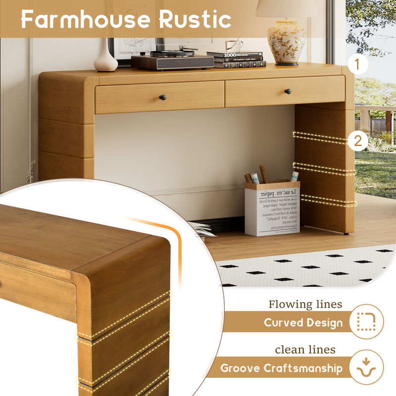 Curved Console Table with Storage, Wooden Entryway Table with 2 Drawers