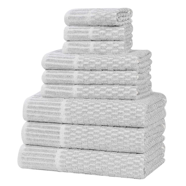 Cotton Blend Bathroom Towel Set with Checkered Pattern and Ribbed Border Design