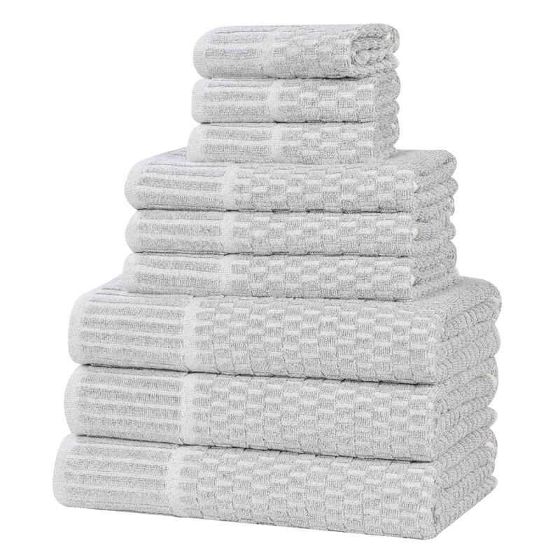 Cotton Blend Bathroom Towel Set with Checkered Pattern and Ribbed Border Design image number 0