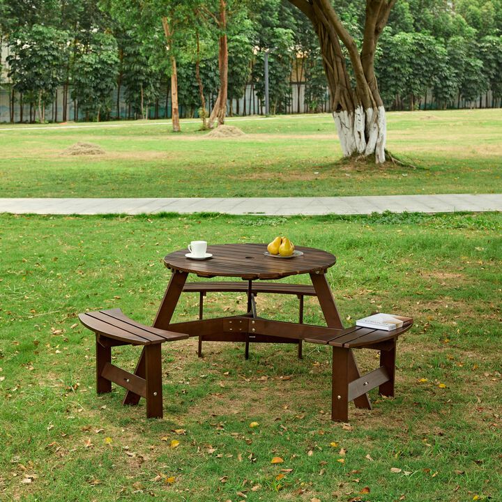 WOW PIONEEROutdoor 6-Person Round Picnic Table with 3 Built-in Benches and Umbrella Hole, Perfect for Patio, Garden, Backyard, Porch Outdoor Gatherings and Meals