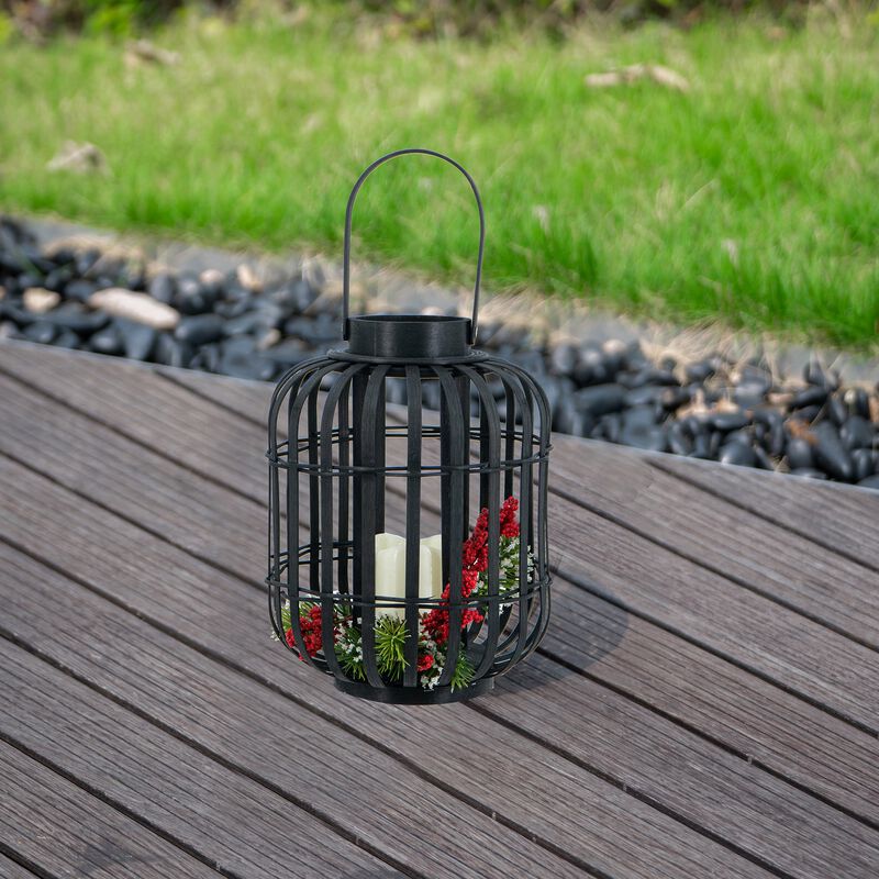 Clihome 8.9x8.9x11.4" Black Bamboo Lantern with White LED Candle