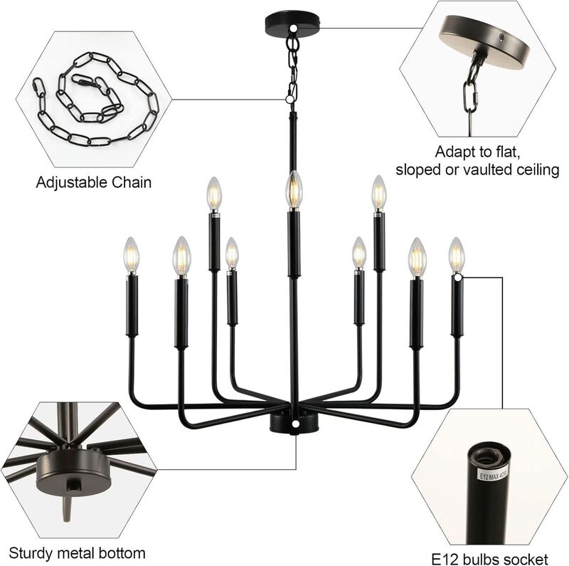 ShipItFurniture Black Farmhouse 9-Light Chandelier 28" image number 7