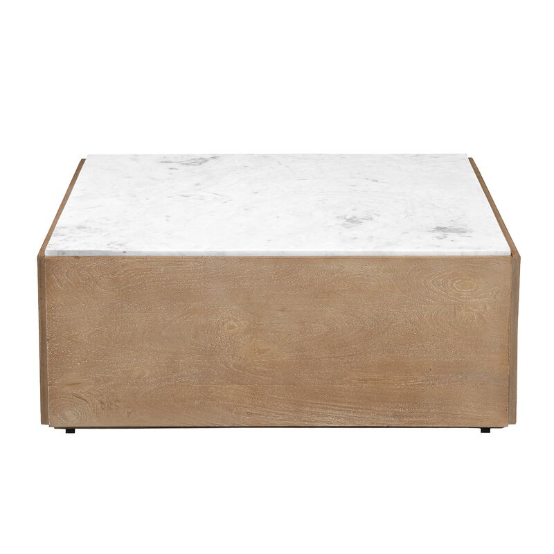 Joi 38 Inch Square Coffee Table, Real White Marble Top, Solid Mango Wood Base, Sandblasted Light Brown image number 2