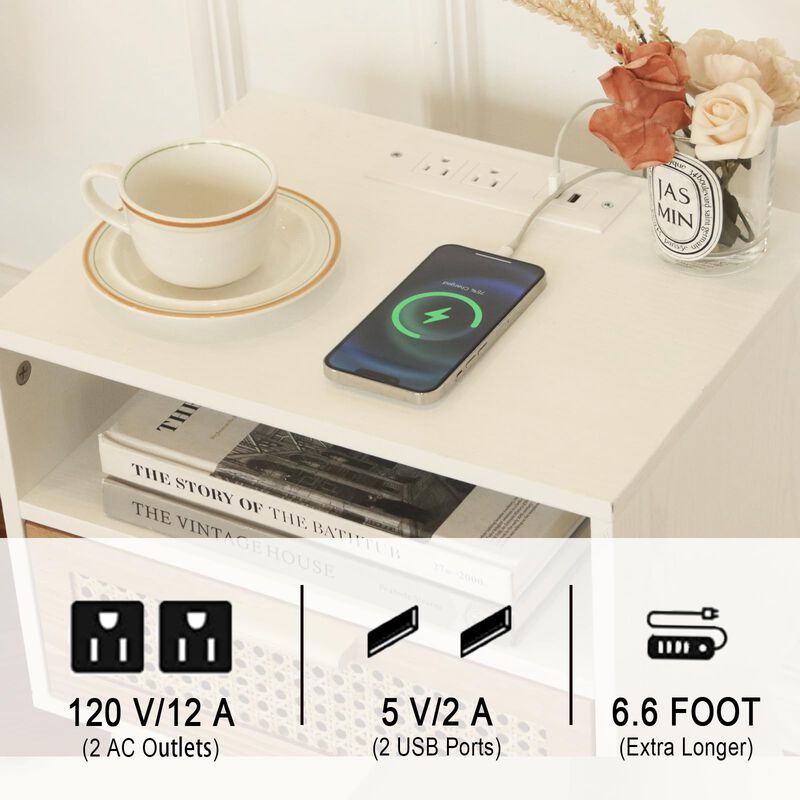 MaxSmeo Nightstand with Charging Station, Bedside Tables with Rattan Drawer, Mid Century Modern Nightstand, End Table for Living