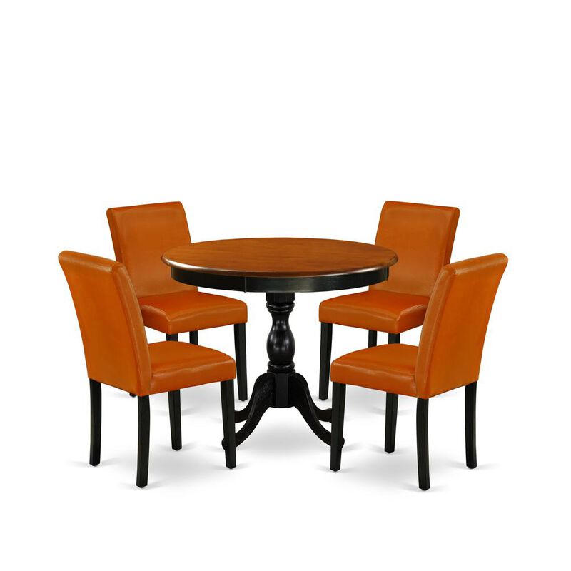 East West Furniture 5-Pc Dining Room Set Includes a Round Dinning Table and 4 Baked Bean PU Leather Dinner Chairs with High Back - Black Finish