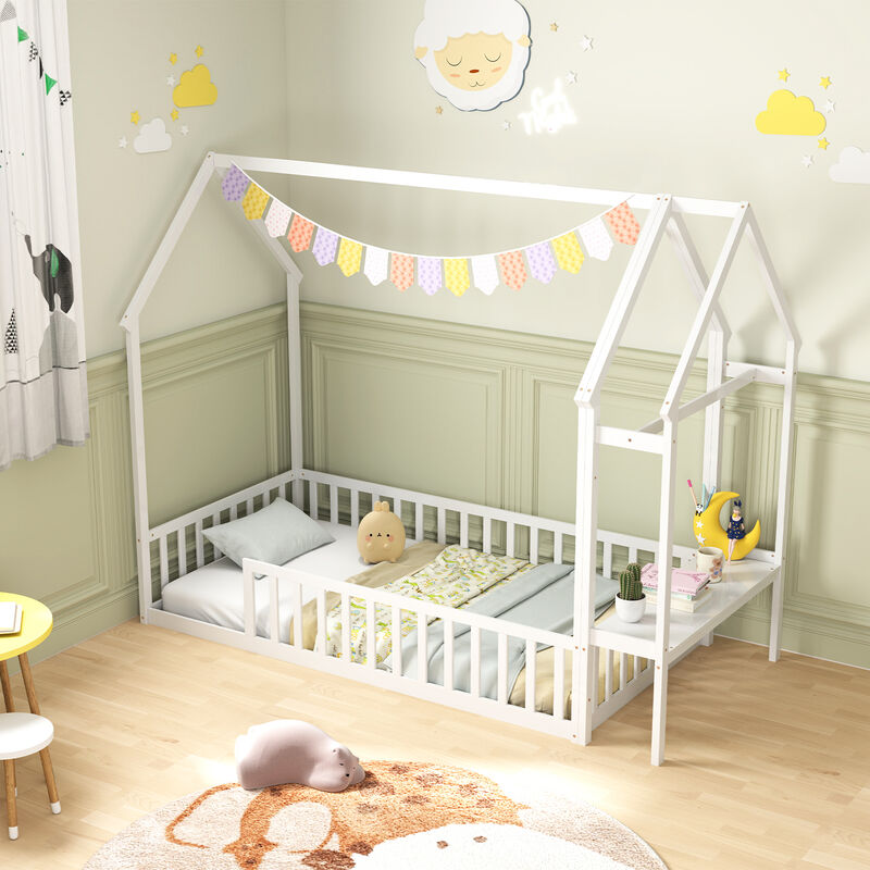 House Floor Bed Montessori Bed Frame with Storage Shelf