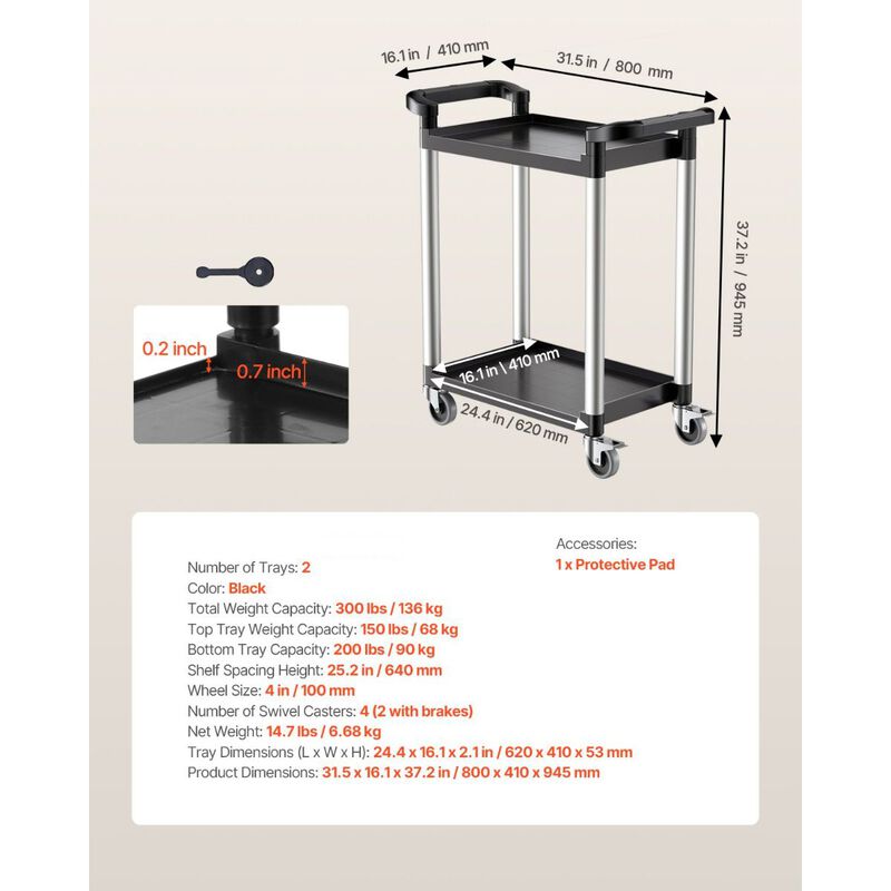 2-Tier Utility Cart with 360&deg; Rotating Wheels, Food Service Cart for Warehouse & Home-Black image number 2