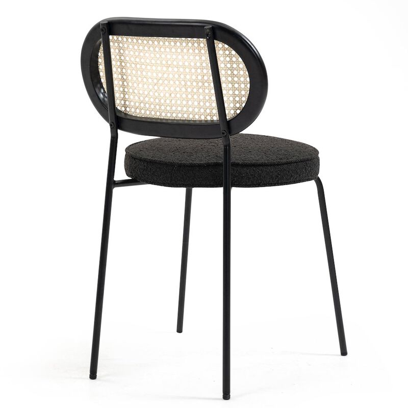 Glamour Home Set of 2 Black Boucle Fabric Dining Chair Rattan Backrest and Black Chrome Legs