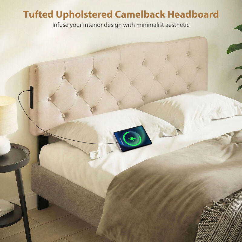 Upholstered Tufted Headboard for Full and Queen Beds with 2 Power Outlets image number 3