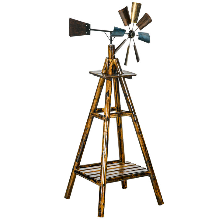 Outsunny Windmill Weathervane with Bottom Shelf, Freestanding Weather Vane with Windmill Head, Stained Wood