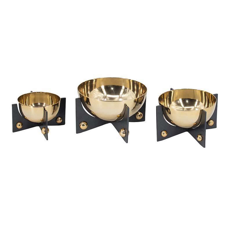 Set of 3 Aluminum Round Decorative Bowls, Gold Finish, Jet Black Stand - Benzara