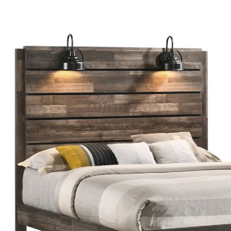 Queen Bed with Rustic Heavy Grain Details and 2 Attached Lanterns, Brown - Benzara