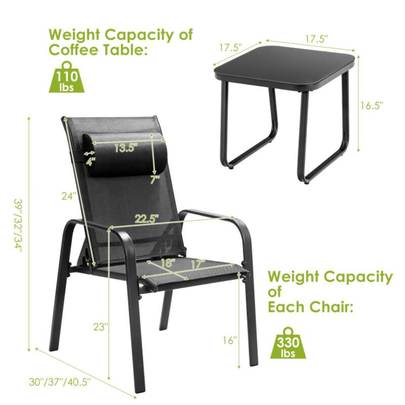 3 Pieces Patio Bistro Furniture Set with Adjustable Backrest