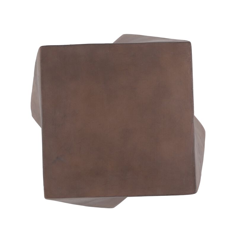 Outdoor Side End Table, Twisted Cube Shape Brown Faux Concrete 21 Inch - Benzara