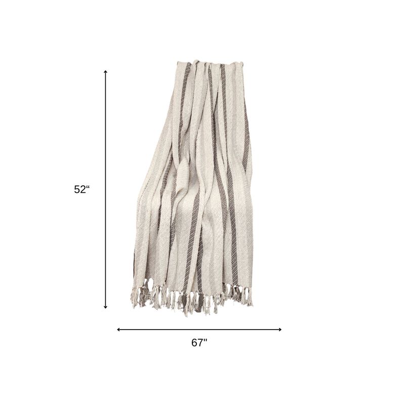 HomeRoots 67" X 52" Beige And Taupe Cotton Woven Striped Throw Blanket with Fringe image number 5