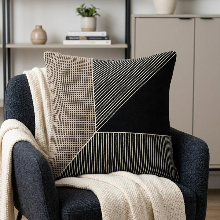 HomeRoots 20" Black and White Geometric Cotton Throw Pillow With Embroidery